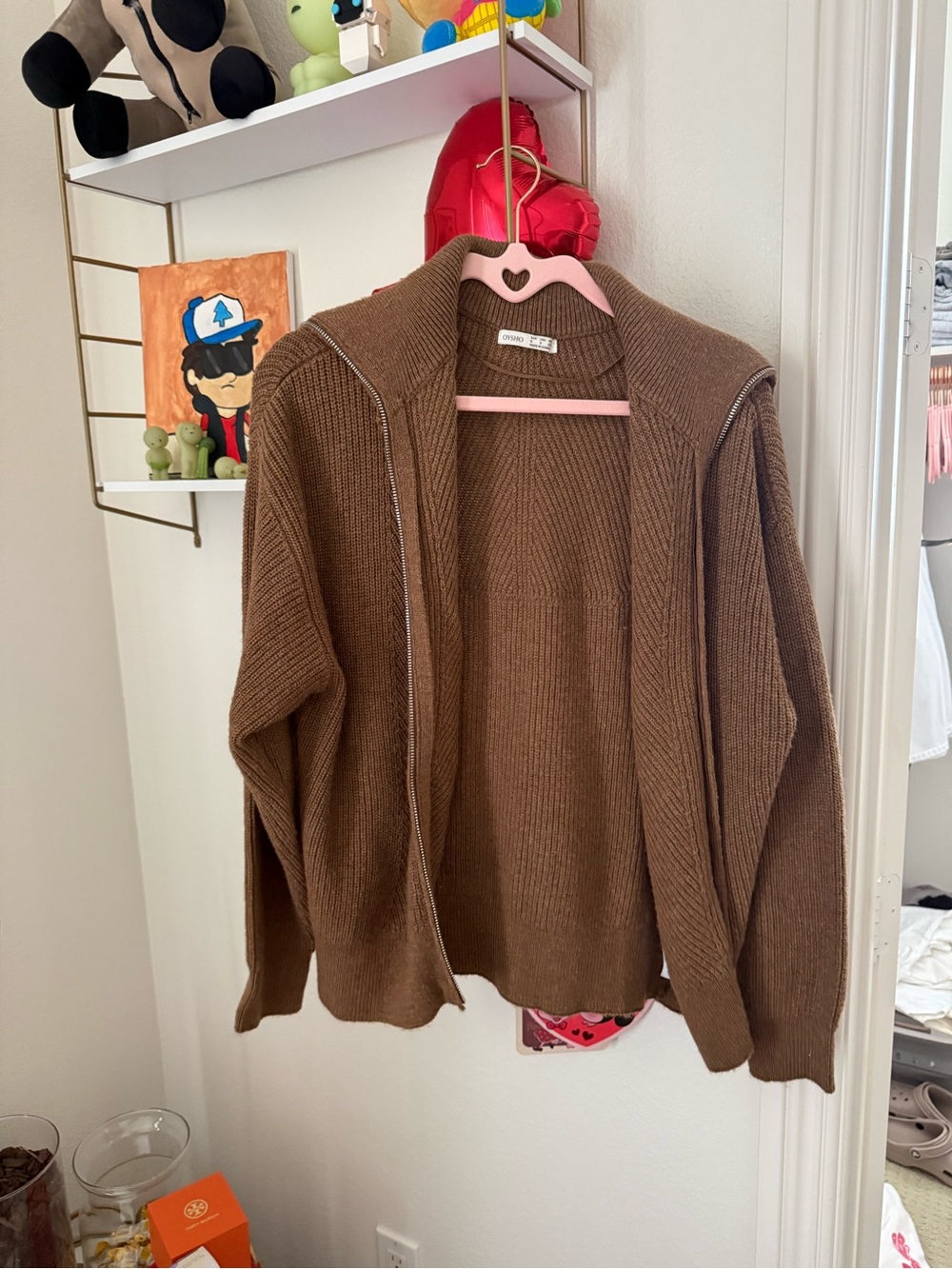 Women’s Brown Zip-Up Knit Sweater Hoodie